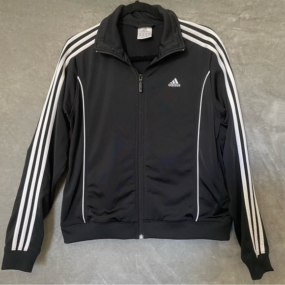 Adidas Women’s Track Jacket Medium Black 3 Stripe Full Zip Athletic Warm Up Socc - Picture 2 of 9